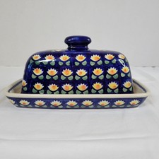 Polish Pottery 8" Tulip Azul Hand Painted Butter Dish By Manufaktura RARE