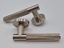 Satin Chrome Door Handles Diamond Cut, Machined Knurled Textured, Lever on Rose