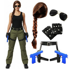 TOMB EXPLORER COSTUME FANCY DRESS PLAIT WIG GUNS HOLSTER GLOVES MOVIE COSPLAY