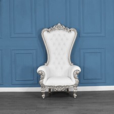 Throne Chair In Silver Frame with White Faux Leather -  Lazarus