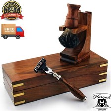 Men’s Wooden Shaving Set with 3 Edged Razor, Badger Hair Shaving Brush and Stand