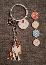St Bernard Dog Enamel Key ring With Personalised initial Gift 