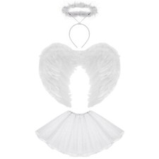 Kids White Angel Fairy Tutu Costume with Wings & Halo for Halloween Dress-Up