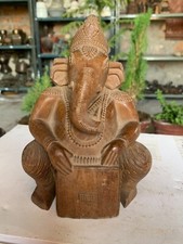 Indian Antique Handcrafted Wooden Lord Ganesha Playing Harmonium Statue Figurine
