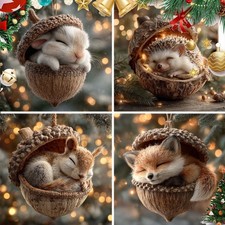 2D Forest Animal Acorn Ornament Christmas Hanging Pendant,Xmas Tree Decor Hang