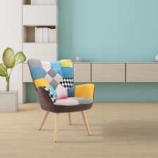 Upholstered Fabric Patchwork Lounge Armchair Wingback Leisure Chair w/Wood Legs