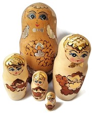 Vintage Nesting 5 Piece Russian Dolls Matryoshka Hand Painted Gold & Pyrography