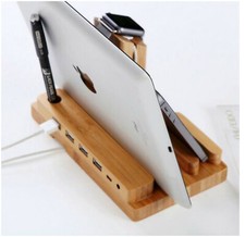 4 Port USB Wooden Charging Stand Dock Station Hub For iPhone iWatch Samsung iPad