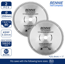2 X TCT Circular Wood Blade 255mm x 80T fits Evolution Rage Saws 25.4mm Bore