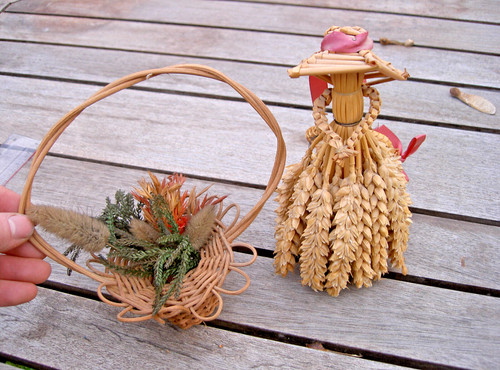 Vintage corn doll and - and, wicker