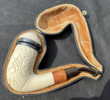 Vintage Carved Block Meerschaum  Pipe Silver Mounts Grape Vines Unused p17