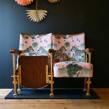 Refurbished vintage cinema seats in Lost World fabric, two seater version