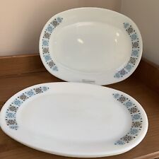 Vintage JAJ Pyrex Chelsea Oval Steak Plates x 3 White Blue Grey Pattern 30x23cm