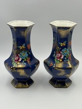 Pair Vintage Falcon Ware Ceramic Vases 23cm Blue & Gold Floral Design JHW & Sons