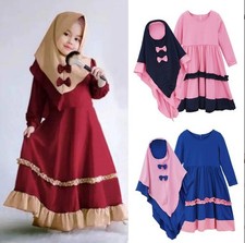 2pcs Muslim Kids Girls Hijab Abaya Islamic Prayer Dress Set Niqab Kaftan Robe