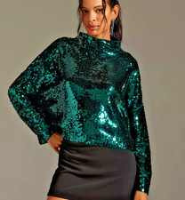 Anthropologie Pilcro Alani Sequin Cashmere Mock Neck Sweater Green L NWT Large