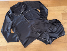 Fab Ladies Black Satin L'Sleeved Top & Shorts Pyjamas, UK Size 10-12