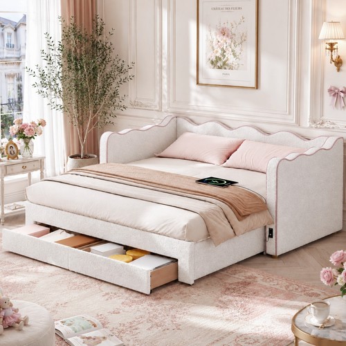 Beige boucle daybed sofa bed - sofa,