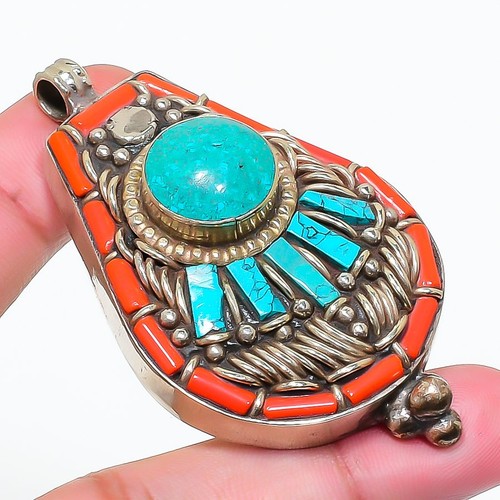 Turquoise red coral pendant - turquoise,