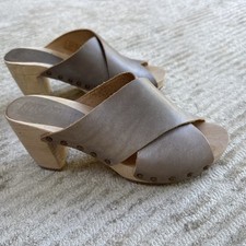 Womens Bosabo Leather & Wood Heels Wooden Clogs Slides Grey Size 40 UK 7 - new 