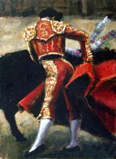 Oil painting male portrait Spanish bullfighter bullfights with strong black cow