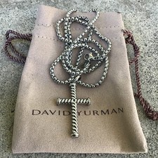 David Yurman Cable Rope Cross Pendant Silver Chain Necklace 925 Sterling Pouch