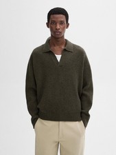 Massimo Dutti Mens Wool Polo Collar Jumper Green Grey Large