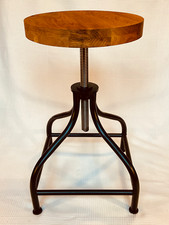 Bar stool, handmade, rusted steel, oak seat, adjustable height 45-72cm