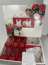 Soga Clear Glass Demitasse Cups Saucers Serves 6 Rose Motif Gold Trim Japan