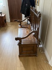 Antique Vintage Carved Oak Monks Bench Settle, Storage Chest, Table, Hall Seat