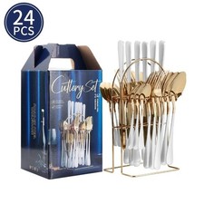 24PC CUTLERY DINNER SET STAINLESS STEEL METAL STAND RACK FORKS TEA SPOONS POLISH