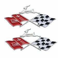 2Pcs Fits 1961 Chevy Impala Quarter Panel Crossed Flag Metal Emblem Badge Chrome