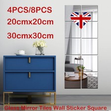 Glass Mirror Tiles Wall Sticker Square Self Adhesive Stick On Art Home Decor UK
