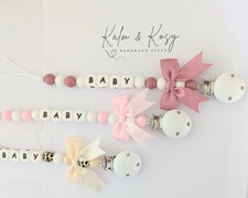Personalised Baby Girls Silicone and silk bow  Dummy Clip 