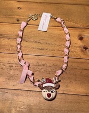 NWT Betsey Johnson Winking Reindeer Pink Ribbon Pendant Necklace, Christmas!