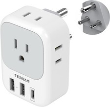 TESSAN US to India Plug Adapter with 4 Outlet 2 USB A 1 USB C Type D Travel Plug