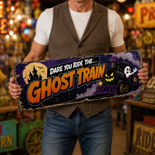 Ghost train wooden sign - ghost, large