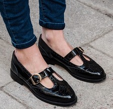 Russell & Bromley Paddington Black Patent Leather T Bar Brogue EU 36.5  UK 3.5