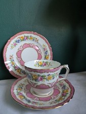 Vintage Crown Staffordshire Pink Tunis Trio Tea Cup Set Made in England Floral