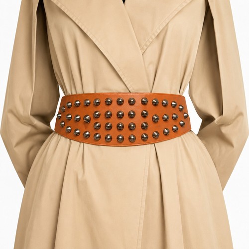 Brown wide studded waist belt - studded,