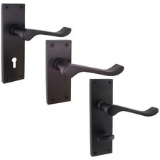 Black Victorian Scroll Door Handles, Matt Black Bathroom Latch & Key Lock Sets