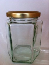 12oz   X 84  HEX GLASS JAM JAR & GOLD ""POP-UP"" LIDS-   - HEXAGONAL - NEW
