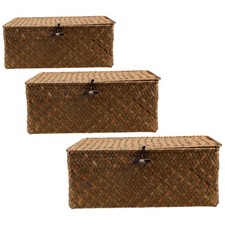  3 Pcs Natural Seagrass Baskets with Lids Storage Cover for Organizing