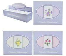 NEW LADIES EMBROIDERED 3 MULTI-PACK GIFT BOXED POLY/COTTON HANKIES HANDKERCHIEFS