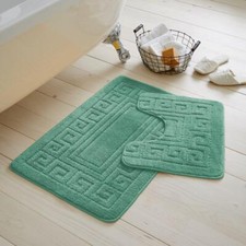 JACQUARD GREEK STYLE BATH MAT PEDESTAL SET NON SLIP TOILET BATHROOM RUGS 2 PIECE