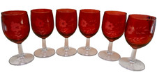 Lot of  6 Vintage Floral Etched Cranberry Glass Stem Drinking Glasses Wine Water