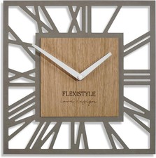 FLEXISTYLE Square wall clock grey wooden oak 30cm unusual design roman digits s