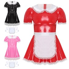 Men's Faux Leather PVC Sissy Wet Look French Maid Fancy Dress Cosplay Costume