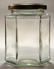 12oz HEXAGONAL GLASS JAM JAR & GOLD, POP-UP BUTTON, OR HONEYCOMB LIDS  -  QTY 90