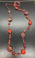 Red Art Glass Beads Necklace 34”